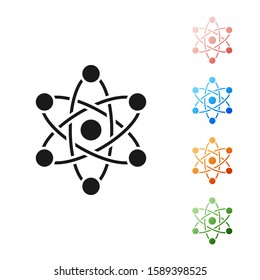 Black Atom icon isolated on white background. Symbol of science, education, nuclear physics, scientific research. Set icons colorful. Vector Illustration