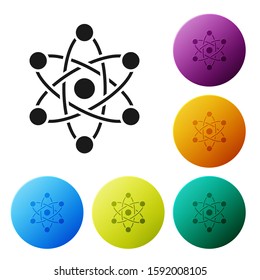 Black Atom icon isolated on white background. Symbol of science, education, nuclear physics, scientific research. Set icons colorful circle buttons. Vector Illustration
