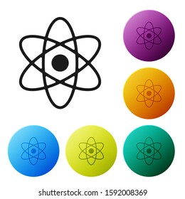 Black Atom icon isolated on white background. Symbol of science, education, nuclear physics, scientific research. Set icons colorful circle buttons. Vector Illustration