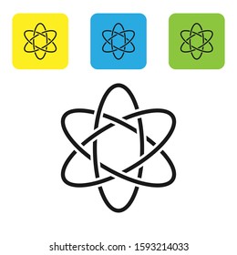 Black Atom icon isolated on white background. Symbol of science, education, nuclear physics, scientific research. Set icons colorful square buttons. Vector Illustration