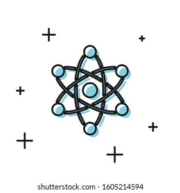 Black Atom icon isolated on white background. Symbol of science, education, nuclear physics, scientific research.  Vector Illustration