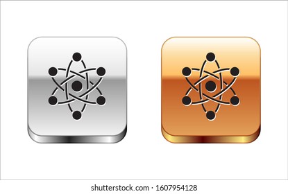 Black Atom icon isolated on white background. Symbol of science, education, nuclear physics, scientific research. Silver-gold square button. Vector Illustration