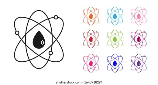 Black Atom icon isolated on white background. Symbol of science, education, nuclear physics, scientific research. Set icons colorful. Vector Illustration
