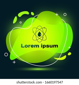 Black Atom icon isolated on black background. Symbol of science, education, nuclear physics, scientific research. Abstract banner with liquid shapes. Vector Illustration