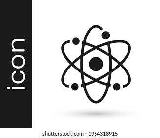 Icono de Átomo negro aislado en fondo blanco. Símbolo de ciencia, educación, física nuclear, investigación científica.  Vector