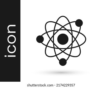 Black Atom icon isolated on white background. Symbol of science, education, nuclear physics, scientific research.  Vector