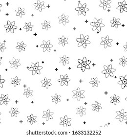 Black Atom icon isolated seamless pattern on white background. Symbol of science, education, nuclear physics, scientific research. Electrons and protonssign.  Vector Illustration