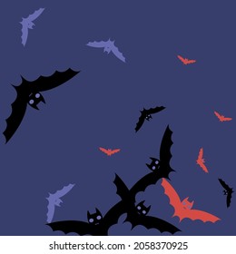 Black Attack Red Retro Halloween Art Illustration. Spooky Colorful Motion Eyes Print Bats Vector Background. Purple Scary Night Chaos Wallpaper. Gothic Sky Creepy Pink Flying Bats Art Pattern.