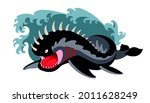 black attacking leviathan in the sea waves, a fantastic creature, a monster, a biblical character, color vector illustration isolated on a white background in the cartoon style and a flat design