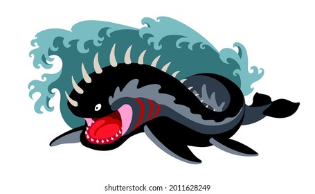 black attacking leviathan in the sea waves, a fantastic creature, a monster, a biblical character, color vector illustration isolated on a white background in the cartoon style and a flat design