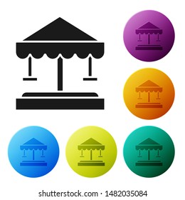 Black Attraction carousel icon isolated on white background. Amusement park. Childrens entertainment playground, recreation park. Set icons colorful circle buttons. Vector Illustration