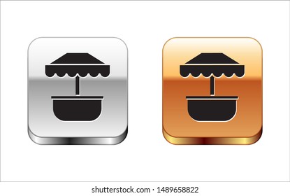 Black Attraction carousel icon isolated on white background. Amusement park. Childrens entertainment playground, recreation park. Silver-gold square button. Vector Illustration
