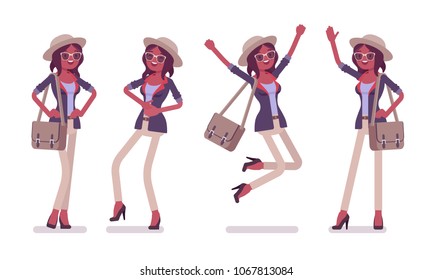 Black attractive smart casual positive woman wearing hat, glasses. Slim and fashionably elegant girl with messenger bag in good emotions, mood, happy, laughing. Vector flat style cartoon illustration