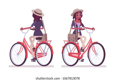 Black attractive smart casual woman wearing hat and glasses biking. Slim and fashionably elegant girl with messenger bag riding a city bicycle. Vector flat style cartoon illustration, front, rear view