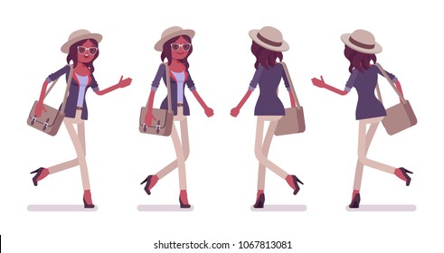 Black attractive smart casual woman wearing hat and glasses walking, running. Slim and fashionably elegant girl with messenger bag in a hurry. Vector flat style cartoon illustration, front, rear view