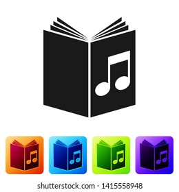 Black Audio book icon isolated on white background. Musical note with book. Audio guide sign. Online learning concept. Set icon in color square buttons. Vector Illustration