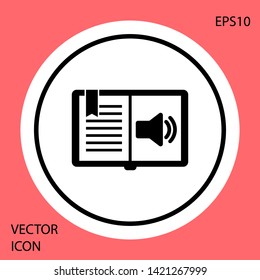 Black Audio book icon isolated on red background. Audio guide sign. Online learning concept. White circle button. Vector Illustration