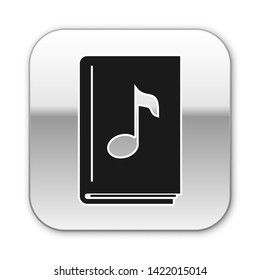 Black Audio book icon isolated on white background. Musical note with book. Audio guide sign. Online learning concept. Silver square button. Vector Illustration