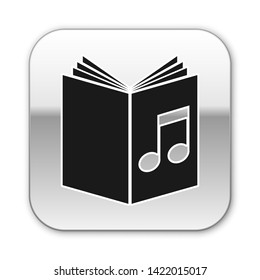 Black Audio book icon isolated on white background. Musical note with book. Audio guide sign. Online learning concept. Silver square button. Vector Illustration