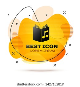 Black Audio book icon isolated on white background. Musical note with book. Audio guide sign. Online learning concept. Fluid color banner. Vector Illustration