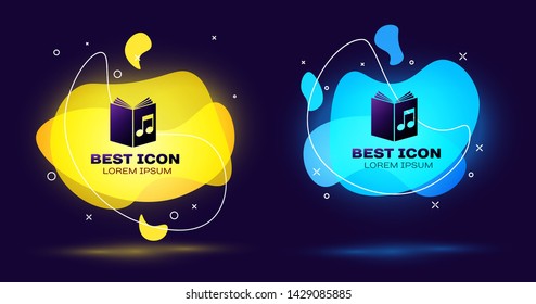 Black Audio book icon isolated on blue background. Musical note with book. Audio guide sign. Online learning concept. Set of liquid color abstract geometric shapes. Vector Illustration