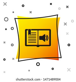 Black Audio book icon isolated on white background. Audio guide sign. Online learning concept. Yellow square button. Vector Illustration