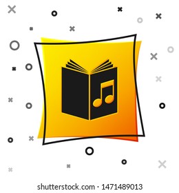 Black Audio book icon isolated on white background. Musical note with book. Audio guide sign. Online learning concept. Yellow square button. Vector Illustration