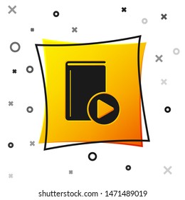 Black Audio book icon isolated on white background. Play button and book. Audio guide sign. Online learning concept. Yellow square button. Vector Illustration