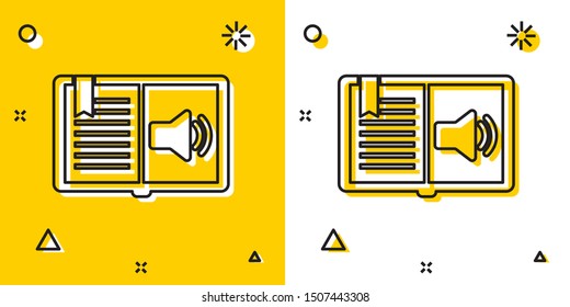 Black Audio book icon isolated on yellow and white background. Audio guide sign. Online learning concept. Random dynamic shapes. Vector Illustration
