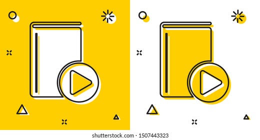 Black Audio book icon isolated on yellow and white background. Play button and book. Audio guide sign. Online learning concept. Random dynamic shapes. Vector Illustration