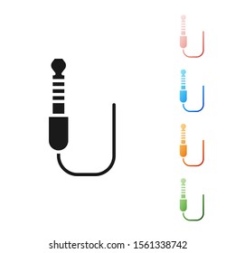 Black Audio jack icon isolated on white background. Audio cable for connection sound equipment. Plug wire. Musical instrument. Set icons colorful. Vector Illustration