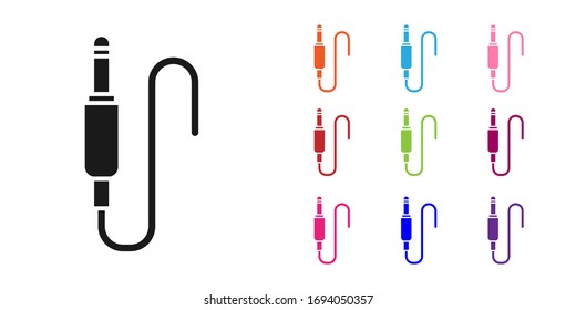 Black Audio jack icon isolated on white background. Audio cable for connection sound equipment. Plug wire. Musical instrument. Set icons colorful. Vector Illustration