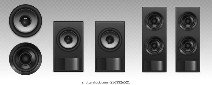 Black audio speaker systems of different configurations - single round units and rectangular textured enclosures with multiple drivers. Realistic 3d professional sound equipment with metallic cones.