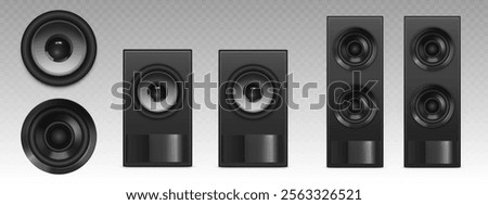 Black audio speaker systems of different configurations - single round units and rectangular textured enclosures with multiple drivers. Realistic 3d professional sound equipment with metallic cones.