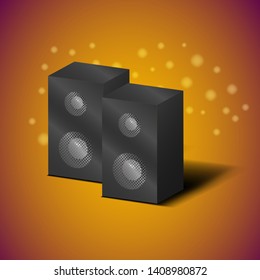 Black audio speakers in 3D, isometric icon, realistic vector