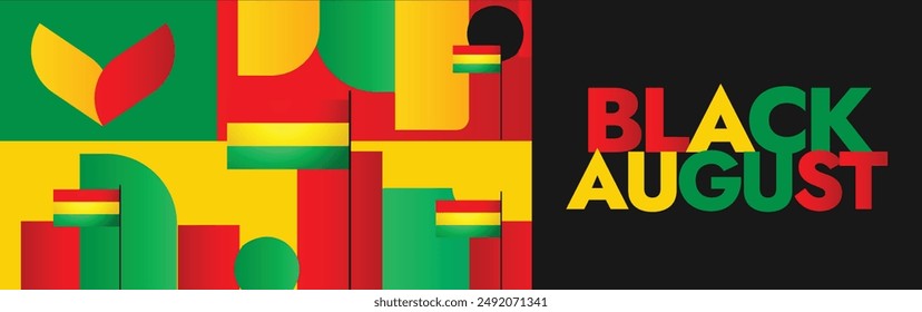 Black August celebration banner, background post. Black August cover banner with abstract art elements in african flag colours. The day recalls Black prisoners, freedom fighters of racial colonialism.