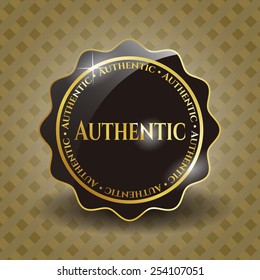 Black authentic emblem. Gold design with background.