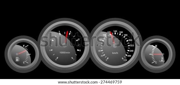 Black auto dash board, speedometer interface\
icons. Speed, power and / or fuel gauge meter. Realistic design of\
sport car dashboard with red arrow. Vector art image illustration\
isolated on background