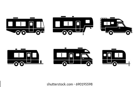 Black auto RVs, Camper vans / Camping cars icons set. Simple flat design truck trailers, recreational types vehicles for app ui ux web button, interface pictogram elements isolated on white background