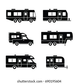 Black auto RVs, Camper vans / Camping cars, Truck Trailers, recreational types vehicles icons, simple flat design for app ui ux web button, interface pictogram elements isolated on white background