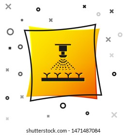 Black Automatic irrigation sprinklers icon isolated on white background. Watering equipment. Garden element. Spray gun icon. Yellow square button. Vector Illustration