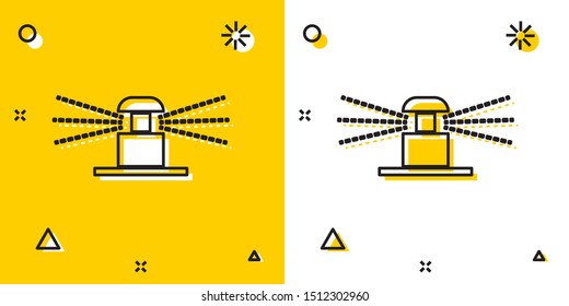 Black Automatic irrigation sprinklers icon isolated on yellow and white background. Watering equipment. Garden element. Spray gun icon. Random dynamic shapes. Vector Illustration