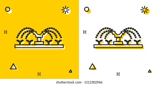 Black Automatic irrigation sprinklers icon isolated on yellow and white background. Watering equipment. Garden element. Spray gun icon. Random dynamic shapes. Vector Illustration