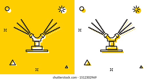 Black Automatic irrigation sprinklers icon isolated on yellow and white background. Watering equipment. Garden element. Spray gun icon. Random dynamic shapes. Vector Illustration