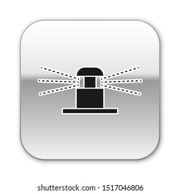 Black Automatic irrigation sprinklers icon isolated on white background. Watering equipment. Garden element. Spray gun icon. Silver square button. Vector Illustration
