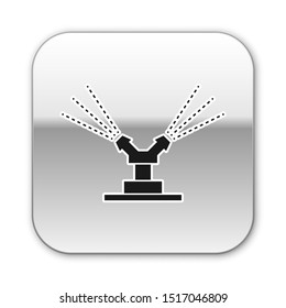Black Automatic irrigation sprinklers icon isolated on white background. Watering equipment. Garden element. Spray gun icon. Silver square button. Vector Illustration