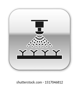 Black Automatic irrigation sprinklers icon isolated on white background. Watering equipment. Garden element. Spray gun icon. Silver square button. Vector Illustration