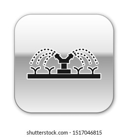 Black Automatic irrigation sprinklers icon isolated on white background. Watering equipment. Garden element. Spray gun icon. Silver square button. Vector Illustration