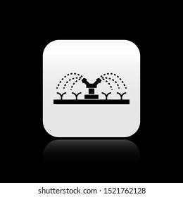 Black Automatic irrigation sprinklers icon isolated on black background. Watering equipment. Garden element. Spray gun icon. Silver square button. Vector Illustration