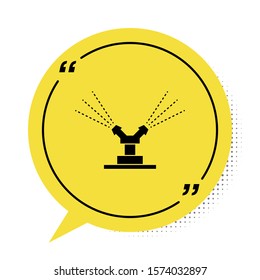 Black Automatic irrigation sprinklers icon isolated on white background. Watering equipment. Garden element. Spray gun icon. Yellow speech bubble symbol. Vector Illustration
